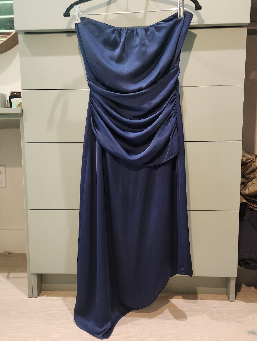 Ramy Brook Strapless Navy Satin Draped Gown